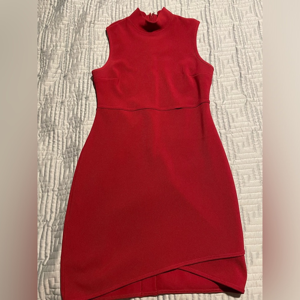 Gorgeous Dark Coral Ladies Sleeveless Work Dress with Collar and Asymmetry
